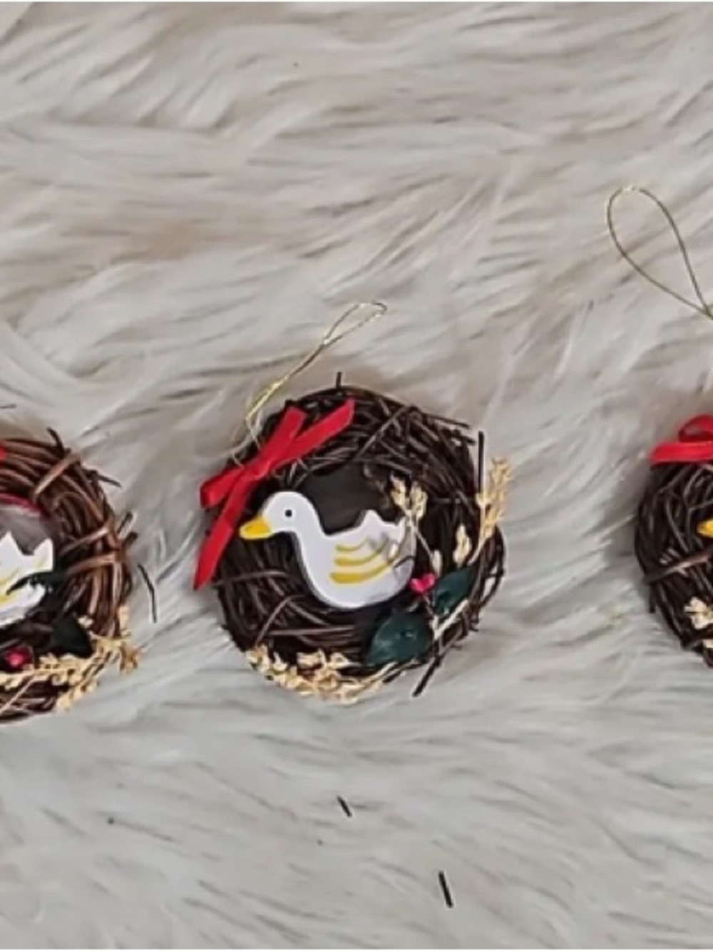 White & Yellow Duck Wreath Ornament with Red Bow